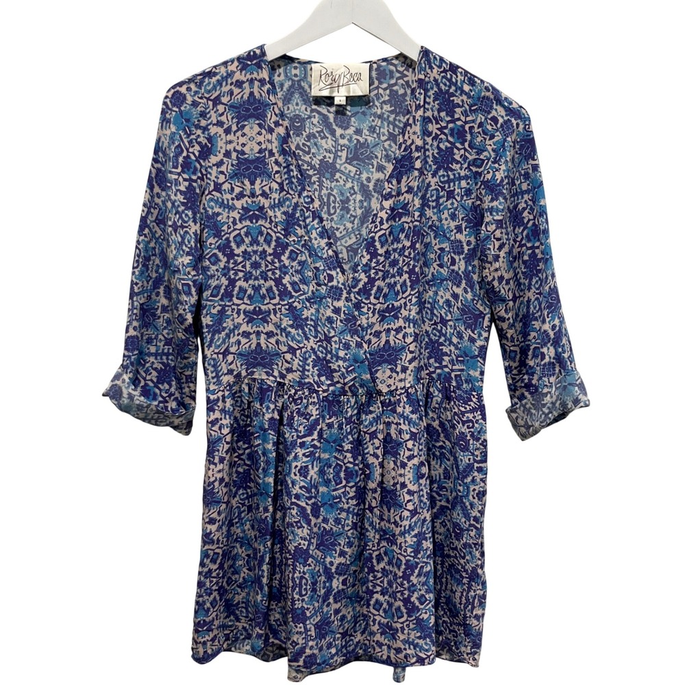 Rory Beca Silk Peplum Tunic Dress Women S Blue Kaleidoscope Boho Faux Wrap Indie